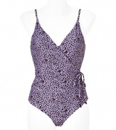 Add instant chic to your swim-ready style with this adorable swimsuit from Diane von Furstenberg - V-neck, wrap style with side tie detail, thin straps, deep V in back, full-coverage bottom, all-over leopard print - Pair with a sheer caftan, wedge heels, and a floppy sun hat