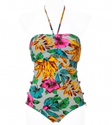 Show off your assets in style with this vibrant tropical printed swimsuit from Marc by Marc Jacobs- Adjustable bandeau top with halter tie, sexy side cut out detail, all-over print - Style with a sheer caftan, oversized sunnies, and wedge sandals