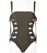 Take your swim look to the next level with this ultra-sexy cut out swimsuit from La Perla by Jean Paul Gaultier - Wide set straps, full piece with bandeau-style top, front ruche details and side cut-outs, lacing details, open back, multi-clasp back closure - Style with a sheer caftan, wedge sandals, and a sunhat