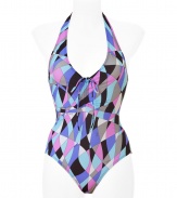 Channel classic retro-chic style in this sexy halter swimsuit featuring the classic Pucci print - V-neck with front tie with adjustable ruche detail, back halter tie closure, full coverage full-piece, all-over geometric print - Style with a sheer caftan, a floppy sun hat, and oversized shades