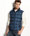 Stay warm with cool style in this plaid puffer vest from Weatherproof.