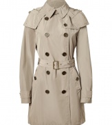Invest in high style with this ultra-chic hooded trench from Burberry London - Small spread collar, hood with snap detailing, long sleeves with buttoned cuffs, double-breasted, front button placket, belted waist - Fitted silhouette - Pair with slim trousers or jeans and a cashmere pullover