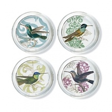 Fringe glass coasters with multi hummingbird print. Set of 4 comes in gift box. Diameter of each is 4. Fringe glass coasters with multi hummingbird print. Set of 4 comes in gift box. Diameter of each is 4.