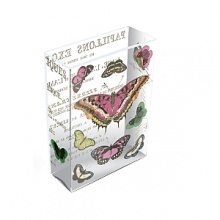 Fringe lily rectangle vase with multi butterfly print. Transparent glass vase is 8 high. Fringe lily rectangle vase with multi butterfly print. Transparent glass vase is 8 high.