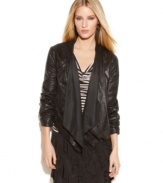 Shine on in INC's rock star-worthy faux leather jacket! The laser-cut details give this topper a one-of-a-kind look.