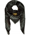 Unleash your wild side and elevate streamlined downtown looks with London It-label Vassilisas fox mask print scarf - Lightweight and sumptuously soft in pure, black and gold silk - Moderately long and wide, with mask graphic trim and logo detail at hem - Wrap, tie or knot around the neck or shoulders and pair with everything from jeans and a leather jacket to a fitted minidress and blazer
