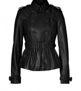 Iconic trench styling gets a chic urban remake in Burberry Londons ultra soft lambskin jacket, tailored to perfection with an impeccable short cut - Classic collar with hook closure, long sleeves with belted cuffs, epaulettes, gun flaps, double-breasted button-down front, belted waist, rain shield, ruffled hemline - Form-fitting - Pair with edgy separates and contemporary leather boots