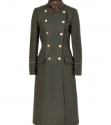 Finish your look on an elegant note with Salvatore Ferragamos exquisite wool loden coat, tailored to perfection and styled with soft lambskin trim for an immaculate finish guaranteed to elevate your outfit - Spread chocolate leather collar, long sleeves, camel piped cuffs, double-breasted button-down front, flap pockets, gold-toned logo buttons, back sash, back pleat - Sharply tailored fit - Team with flawless brown boots and a ladylike handbag