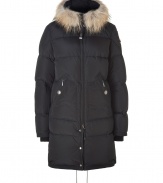 Stay warm in style with this down parka from Parajumpers - Fur trimmed hood with clasp closure, concealed front zip closure, long sleeves with logo at shoulder, zip pockets, side zips at hem, quilted, water resistant lining, back zip slit and drawstring - Style with skinny jeans, a cashmere sweater, and shearling boots