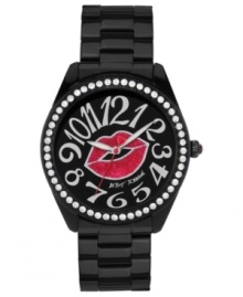 This kiss is on your list. Betsey Johnson's darling watch features large numerals and swirling crystal accents.