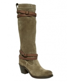 That's a wrap. Contrast leather straps add rugged edge to the supple suede of Frye's tall Jane boots. A stacked heel lends a hint of cowboy boot styling. That's a wrap. Contrast leather straps add rugged edge to the supple suede of Frye's tall Jane boots. A stacked heel lends a hint of cowboy boot styling.