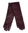 Perfect for pairing with cropped-sleeve coats, Salvatore Ferragamos rich burgundy leather gloves are an exquisitely elegant accessory - Silk lined - Pair with a felted wool hat and chic outerwear for an impossibly sophisticated finish