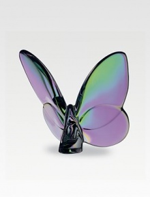 A lovely butterfly paperweight spreads its iridescent wings in stunning, pure lead crystal. From the Lucky Butterfly Collection 3½W X 2½H Hand wash Made in France A lovely butterfly paperweight spreads its iridescent wings in stunning, pure lead crystal. From the Lucky Butterfly Collection 3½W X 2½H Hand wash Made in France