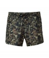 Stylish swim shorts in abstract olive camouflage print - Quick-drying fabric, boxer shorts cut and elastic and drawstring waistband makes it functional and comfortable - Straight, moderately wide leg is at ideal short-but-not-too-short length - The perfect companion for the beach or pool