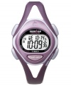 Time to excel. This Timex watch features a plum resin strap and round case. Digital display dial with logo, solar memory and timer. Quartz movement. Water resistant to 100 meters. One-year limited warranty.