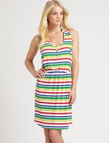 Vibrantly colored stripes add a playful touch to this comfy-chic coverup.Round neckSleevelessSnap frontElasticized waistRacerbackPull-on style92% polyester/8% spandexDry cleanImported Vibrantly colored stripes add a playful touch to this comfy-chic coverup.Round neckSleevelessSnap frontElasticized waistRacerbackPull-on style92% polyester/8% spandexDry cleanImported