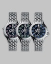 Dazzling topaz stones accent this classic, stainless steel design featuring a unique rolling gemstone mechanism that changes the semiprecious markers for three different looks, with a single stationary diamond at 12.Swiss quartz movement Water resistant to 3 ATM Round stainless steel case, 38mm, (1.49) Black dial Topaz and single diamond markers, 2.9 tcw Arabic numeral hour markers Bracelet strap Made in Switzerland 