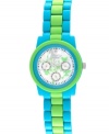 Go all natural with this garden-inspired watch by Sprout. Light blue and lime green corn resin bracelet and round case with mineral crystal. Genuine mother-of-pearl dial features floral design, diamond accent at twelve o'clock, printed black minute track, three multifunctional subdials, silver tone hour and minute hands, sweeping second hand and logo. Quartz movement. Limited lifetime warranty.