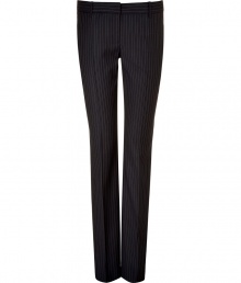 Stylish pant in fine, pure wool - Classically elegant in navy with subtle pin stripe - Modern silhouette is long and slim - Pleat detail at front and back extends from hip to hem, lengthening and flattering the leg - Tab closure and belt loops - Welt pockets at rear - A sleek, sophisticated go-to for day and evening - Pair with a silk or sequin blouse, a blazer and platform pumps