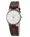 A stylish watch from Skagen Denmark with a casual, modern appeal. Brown textured leather strap with contrast stitching. Silvertone stainless steel round case and round white dial with subdial, logo and numeral indices. Quartz movement. Water resistant to 30 meters. Limited lifetime warranty.