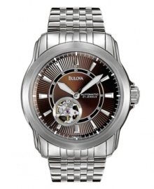 A new dimension of style from Bulova. Watch features a stainless steel bracelet and case with exhibition caseback and screw back oscillator details. Brown patterned dial with logo, silvertone markers, subdial revealing the inner workings and domed mineral crystal. Three-hands. Self-winding mechanical movement. Water resistant to 30 meters. Three-year limited warranty. A new dimension of style from Bulova. Watch features a stainless steel bracelet and case with exhibition caseback and screw back oscillator details. Brown patterned dial with logo, silvertone markers, subdial revealing the inner workings and domed mineral crystal. Three-hands. Self-winding mechanical movement. Water resistant to 30 meters. Three-year limited warranty.