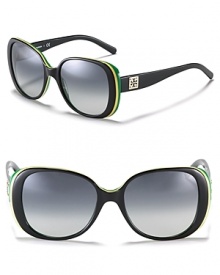 Glam oversized sunglasses get a sporty touch with colorful stripe detail at sides. Glam oversized sunglasses get a sporty touch with colorful stripe detail at sides.