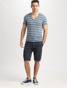 Subtle stripes update this classic cargo, featuring side cargo and buttoned pocket details, set in a relaxed linen and cotton blend.Flat-front styleSide slash, back welt pocketsSide cargo pocketsInseam, about 10½55% linen/45% cottonMachine washImported