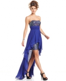 From the floor-sweeping overlay to the explosion of confetti-color sequins, gorgeous details make this dress a standout party pick! From Hailey Logan. From the floor-sweeping overlay to the explosion of confetti-color sequins, gorgeous details make this dress a standout party pick! From Hailey Logan.