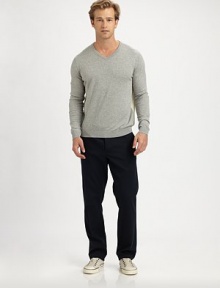 Classicly modern fit, with the feel of well-worn denim, rendered in fine cotton, sure to be a seasonal favorite.Flat-front styleSide slash, back welt pocketsInseam, about 32CottonDry cleanImported Classicly modern fit, with the feel of well-worn denim, rendered in fine cotton, sure to be a seasonal favorite.Flat-front styleSide slash, back welt pocketsInseam, about 32CottonDry cleanImported