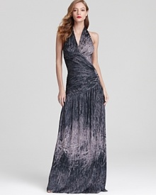 Moody and mysterious, Halston Heritage's printed halter gown lends a dramatic look. Moody and mysterious, Halston Heritage's printed halter gown lends a dramatic look.