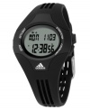 With a softer style and ultra comfort, this adidas watch keeps you ticking while you're kicking. Black polyurethane strap and round polycarbonate case. Positive display digital dial with logo, 10-lap memory, chronograph, timer and alarm. Quartz movement. Water resistant to 50 meters. Two-year limited warranty.