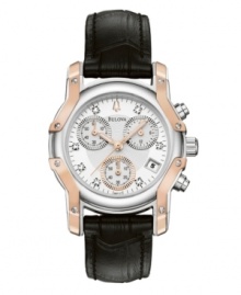 A richly handsome timepiece with understated feminine detail, by Bulova. Watch crafted of black alligator-grain leather strap and round two-tone stainless steel case. White and silver tone patterned chronograph dial features eight diamond accents at markers, date window at four o'clock, three subdials, luminous hands, logo and rose-gold tone accents. Quartz movement. Water resistant to 30 meters. Three-year limited warranty. A richly handsome timepiece with understated feminine detail, by Bulova. Watch crafted of black alligator-grain leather strap and round two-tone stainless steel case. White and silver tone patterned chronograph dial features eight diamond accents at markers, date window at four o'clock, three subdials, luminous hands, logo and rose-gold tone accents. Quartz movement. Water resistant to 30 meters. Three-year limited warranty.
