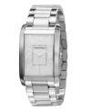 On schedule for success. Classic dress watch by Emporio Armani crafted of stainless steel bracelet and rectangular case. Silver tone dial features Roman numerals at markers, black minute track, two hands and logo at twelve o'clock. Quartz movement. Water resistant to 30 meters. Two-year limited warranty.