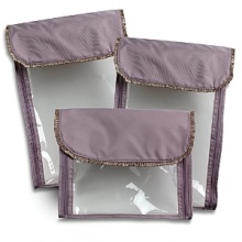 Includes three packers – one small + two large. Designed with side zippers and see-through windows to help identify clothes. Ruffle accents with velcro top closure. Includes three packers – one small + two large. Designed with side zippers and see-through windows to help identify clothes. Ruffle accents with velcro top closure.