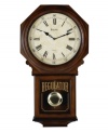 Vintage touches enhance the old world appeal of this walnut-finished solid wood and veneer wall clock by Bulova. Parchment-like dial features Roman numerals, minute track and two hands. Case housing pendulum covered with decorative screened glass. Plays Westminster melody on the hour.