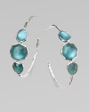 From the Wonderland Collection. Slender silver hoops set with three colorful doublets, in the gentle shade of well-worn denim, joining a layer of color-backed mother-of-pearl under faceted clear quartz for a rich effect of softness and depth.Mother-of-pearl and clear quartzSterling silverDiameter, about 1½Post backImported