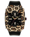A little embellishment never hurt anyone. Betsey Johnson watch crafted of black plastic strap and square black alloy plastic case. Case and bezel embellished with multicolor crystal accents. Black dial features Roman numerals at twelve, three, six and nine o'clock, gold tone hour and minute hands, fuchsia second hand and logo. Quartz movement. Water resistant to 30 meters. Two-year limited warranty.