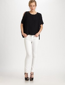 Cutout shoulders and a cropped back hem add edge to this sophisticated silk crewneck. CrewneckCutout shouldersThree-quarter flutter sleevesCropped back hemSilkDry cleanImportedModel shown is 5'10 (177cm) wearing US size Small. Cutout shoulders and a cropped back hem add edge to this sophisticated silk crewneck. CrewneckCutout shouldersThree-quarter flutter sleevesCropped back hemSilkDry cleanImportedModel shown is 5'10 (177cm) wearing US size Small.