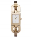 Not a weak link in sight. DKNY fashions this unique watch with a golden bangle. Gold ion-plated stainless steel half-bangle bracelet with D-shaped links at rectangular case. Silver tone dial features stick indices at three, six, nine and twelve o'clock, two hands and logo. Quartz movement. Water resistant to 50 meters. Two-year limited warranty.