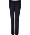 Elegant trousers in fine, navy wool stretch blend - Modern, slim cut is more fitted through legs - Crease detail flatters and elongates the silhouette - Medium rise, button closure and belt loops - Welt pockets at rear - Polished and sleek, an easy go-to in any wardrobe - Dress up with a blazer and button down, or go for a more casual look with a cashmere pullover or light cardigan