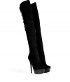 Inject high-octane glamour into your look with Rachel Zoes towering over-the-knee stretch suede boots, finished with modern hardware for that hard-edge, elegant feel - Rounded toe, hidden inside zip, metallic leather detailed buttoned back, black leather base, stacked leather platform and heel - Pair with statement cocktail dresses and shimmering metallic accessories