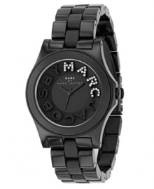 Steal the spotlight with the Rivera watch by Marc byMarc Jacobs. Black plastic and stainless steel bracelet and round case. Black dial with crystal-accented logo at markers and logo at center. Quartz movement. Water resistant to 50 meters. Two-year limited warranty. Steal the spotlight with the Rivera watch by Marc byMarc Jacobs. Black plastic and stainless steel bracelet and round case. Black dial with crystal-accented logo at markers and logo at center. Quartz movement. Water resistant to 50 meters. Two-year limited warranty.