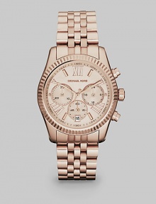 The warm glow and rich elegace of a rose goldtone finish and high-tech chronograph performance give this stunning watch its timeless appeal.Quartz movementWater resistant to 10 ATMRose goldtone stainless steel round case, 38mm diameter (1.5)Textured bezelRose goldtone dialOversized Roman numerals and bar hour markersSecond handThree chronograph sub dialsDate window at 6:00Textured link braceletImported The warm glow and rich elegace of a rose goldtone finish and high-tech chronograph performance give this stunning watch its timeless appeal.Quartz movementWater resistant to 10 ATMRose goldtone stainless steel round case, 38mm diameter (1.5)Textured bezelRose goldtone dialOversized Roman numerals and bar hour markersSecond handThree chronograph sub dialsDate window at 6:00Textured link braceletImported