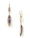 Statement style from Melinda Maria. Here, amethyst marquis earrings are encrusted in gold and make a cool complement to your LBD.