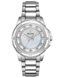 A perfectly polished timepiece from Bulova with glistening diamond accents. A perfectly polished timepiece from Bulova with glistening diamond accents.