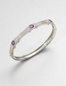 Three cushion-cut amethyst stones set in textured sterling silver. AmethystSterling silverDiameter, about 2.3Hinged, push clasp closureImported Three cushion-cut amethyst stones set in textured sterling silver. AmethystSterling silverDiameter, about 2.3Hinged, push clasp closureImported