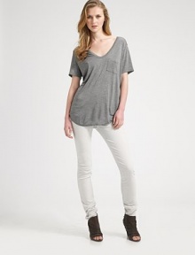 Thin wale stretch cords in an ultra skinny, slim-leg silhouette. Zip fly Five-pocket style Plain back patch pockets Low rise, about 7 Inseam, about 31 98% cotton/2% spandex; machine wash Made in USA Thin wale stretch cords in an ultra skinny, slim-leg silhouette. Zip fly Five-pocket style Plain back patch pockets Low rise, about 7 Inseam, about 31 98% cotton/2% spandex; machine wash Made in USA