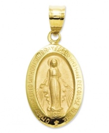 Take your faith to the next level with this commemorative charm. Crafted in 14k gold, this Miraculous Medal features the words: O Mary Conceived Without Sin Pray For Us Who Have Recourse To Thee with the medal design on the reverse side. Approximate length: 1 inch. Approximate width: 2/5 inch.