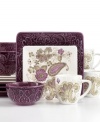 A little bit of everything. Laurie Gates layers texture- and pattern-rich plates, bowls and mugs in the perfectly put-together Melrose dinnerware set. A palette of purple and khaki lend rich sophistication to contemporary settings.