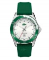 A watch that's asking to be worn in the great outdoors: the green Sport Navigator by Lacoste. Ribbed green rubber strap and round stainless steel case with green aluminum bezel. White dial features silver tone stick indices, minute track, green ring, date window at six o'clock, text logo, iconic crocodile logo and three hands. Quartz movement. Water resistant to 50 meters. Two-year limited warranty.